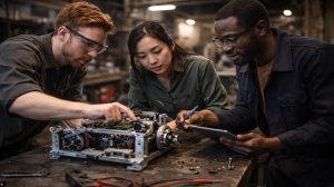 Hardware engineering team collaborating on robotics project - chemistry first approach to building teams