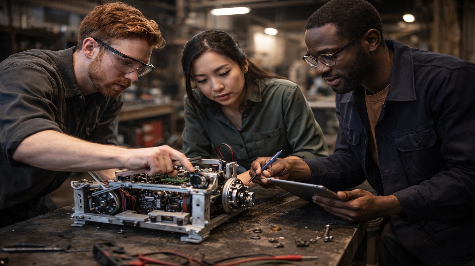Hardware engineering team collaborating on robotics project - chemistry first approach to building teams