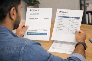 Startup founder reviewing flat fee recruitment for startups in the UK with a consultant, discussing hiring costs and recruitment strategy in a collaborative workspace