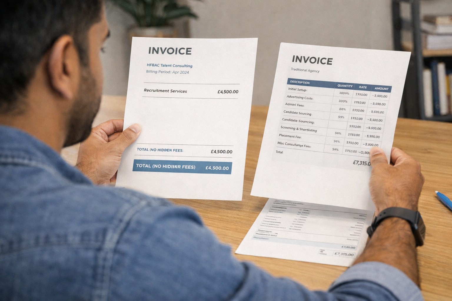 Startup founder reviewing flat fee recruitment for startups in the UK with a consultant, discussing hiring costs and recruitment strategy in a collaborative workspace