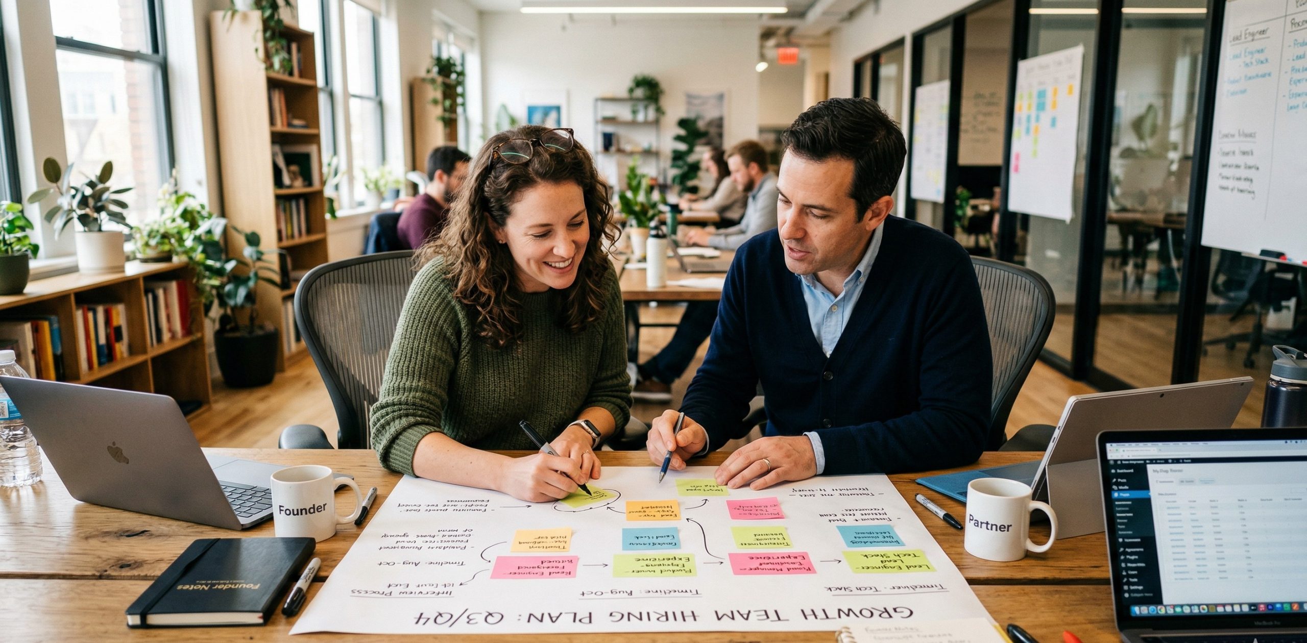 A fractional talent partner working with a startup founder on their hiring strategy - HFBAC Chemistry First approach